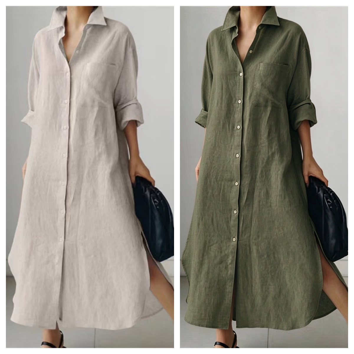Casual Loose Linen Shirt Dress - Women Elegant Turn-down Collar Long Dress