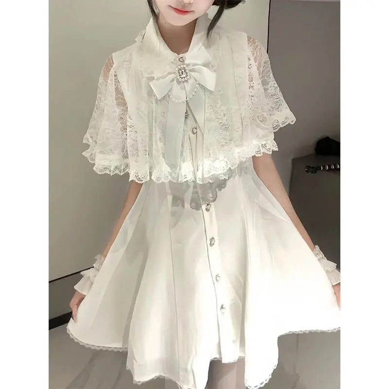 Korean Style A Line Shirt Dress - Japanese Gothic Y2k Style Rhinestone Bow