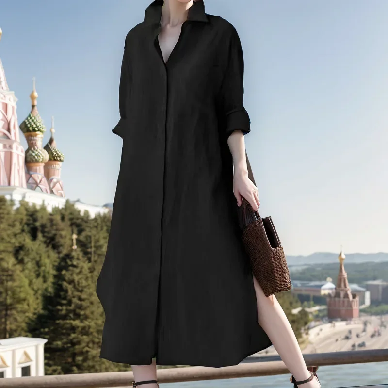 Women Elegant Turn-down Collar - Casual Loose Linen Shirt Dress 评论和价格