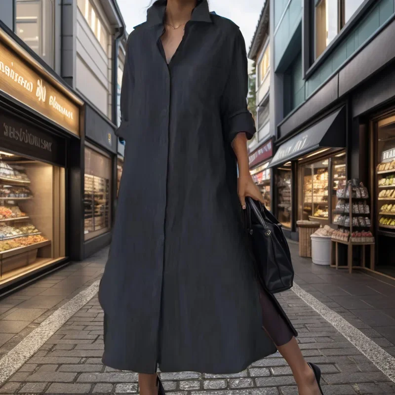 Women Elegant Turn-down Collar - Casual Loose Linen Shirt Dress 评论和价格