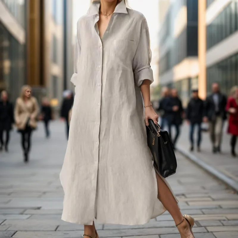 Women Elegant Turn-down Collar - Casual Loose Linen Shirt Dress 评论和价格