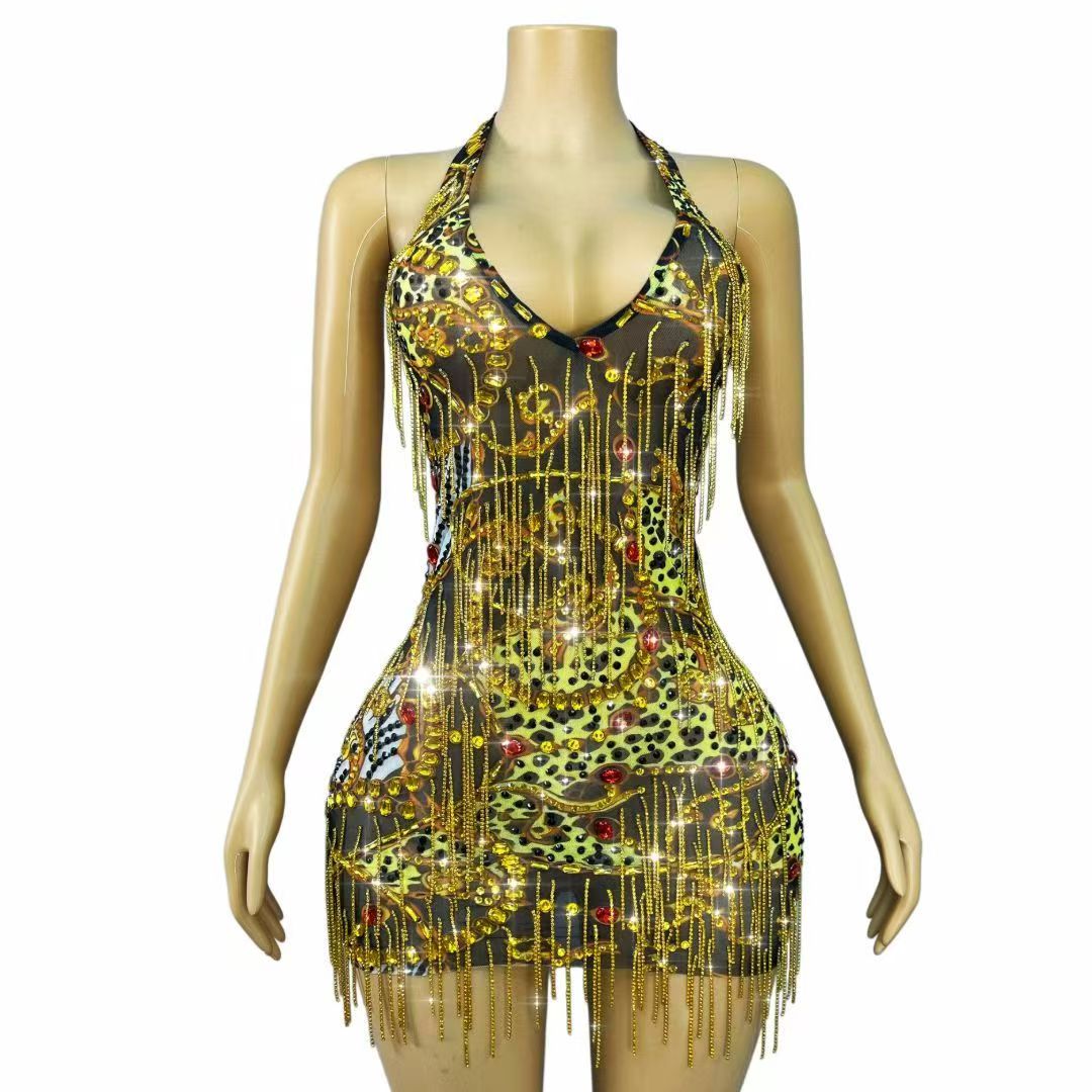 Sparkly Gold Rhinestones Chain - Sparkly Rhinestone Club Party Dress 评论和价格