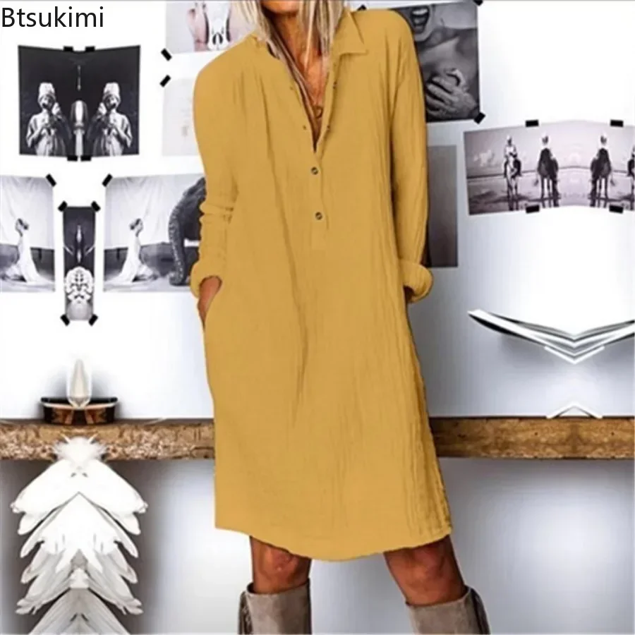 2026 Women's Loose Cotton Line - Casual Loose Linen Shirt Dress 评论和价格