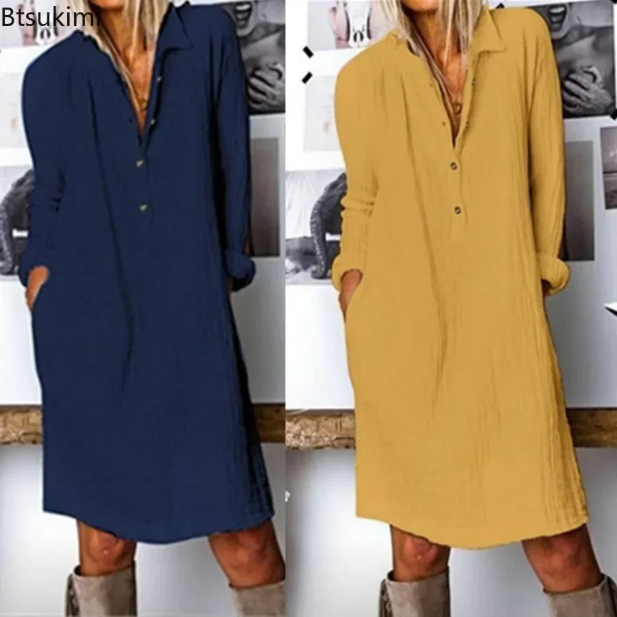2026 Women's Loose Cotton Line - Casual Loose Linen Shirt Dress 评论和价格