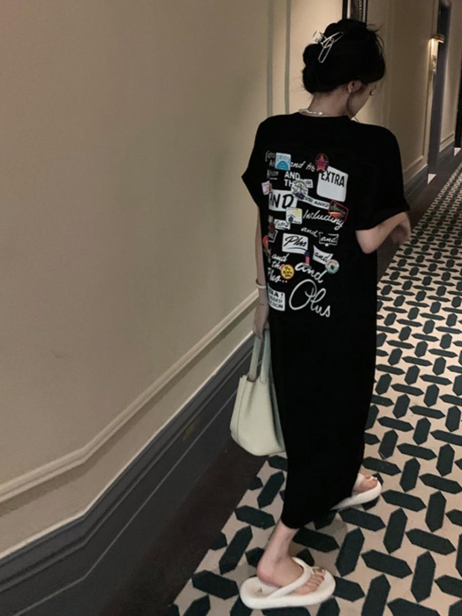 Black Short Sleeve T-Shirt Dre - Korean Style A Line Shirt Dress 评论和价格