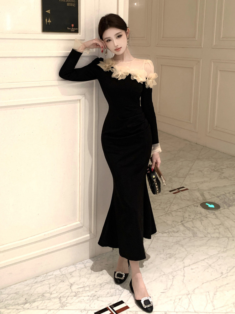 Retro 3D Floral Black Long-sle - Sexy Mesh Sheer Bodycon Dress 评论和价格