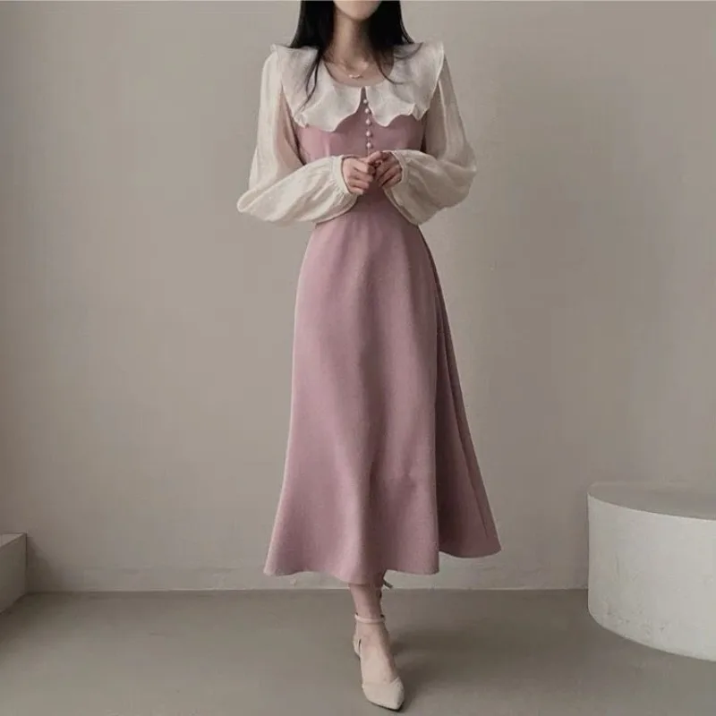Long Sleeve Dresses Women Fren - French Vintage Floral Midi Dress 评论和价格