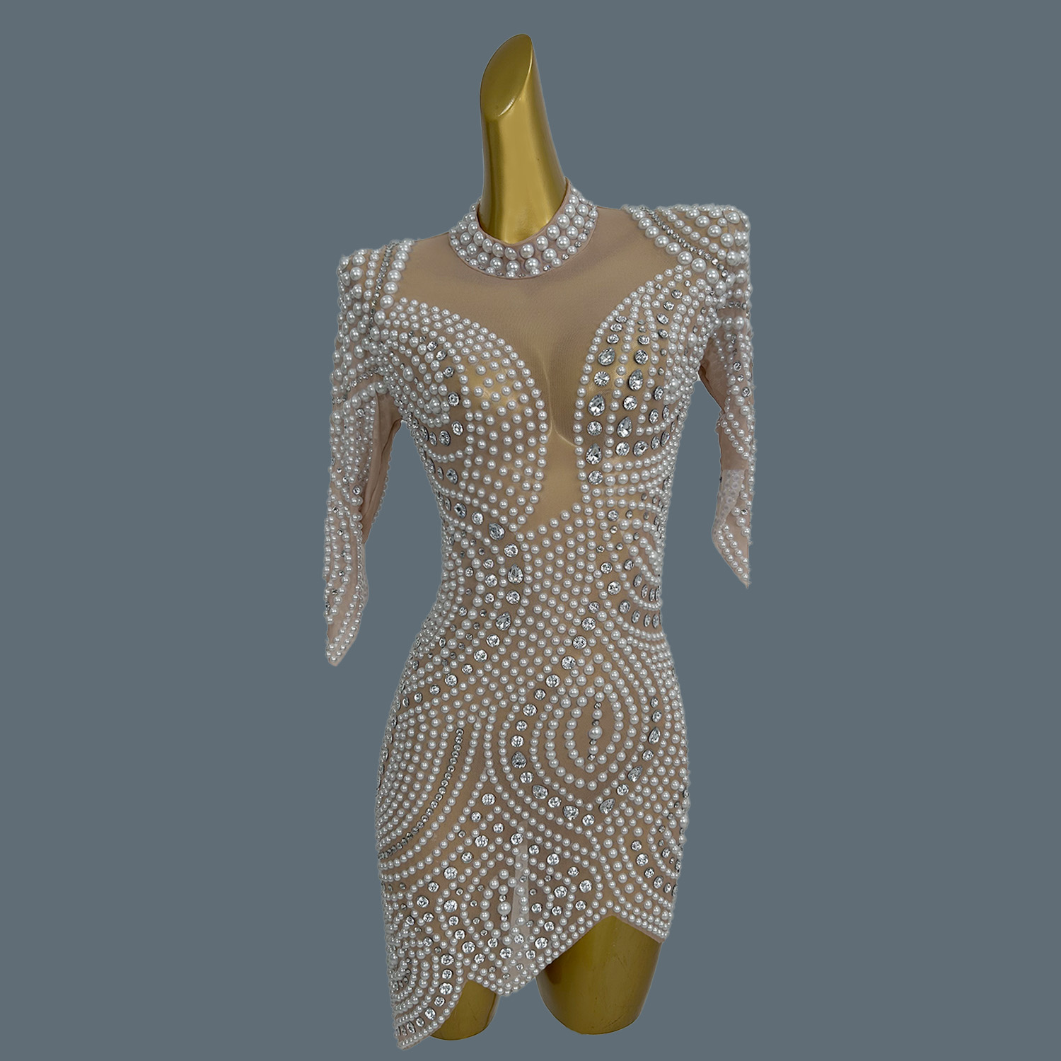 Gorgeous Full Pearls Crystals  - Sexy Mesh Sheer Bodycon Dress 评论和价格