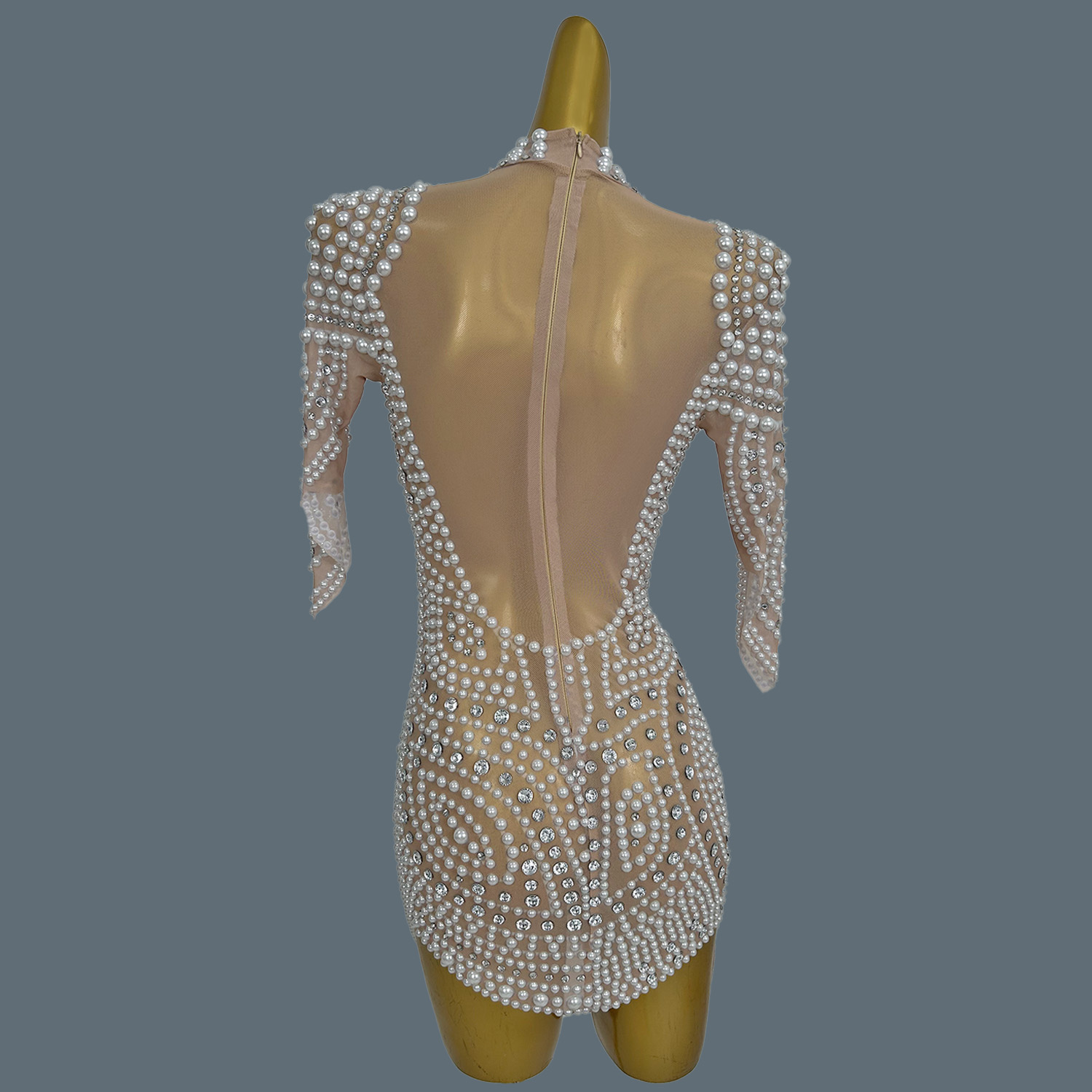 Gorgeous Full Pearls Crystals  - Sexy Mesh Sheer Bodycon Dress 评论和价格