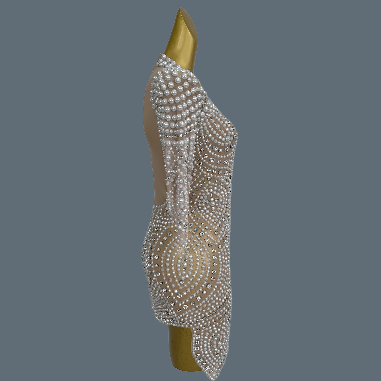 Gorgeous Full Pearls Crystals  - Sexy Mesh Sheer Bodycon Dress 评论和价格