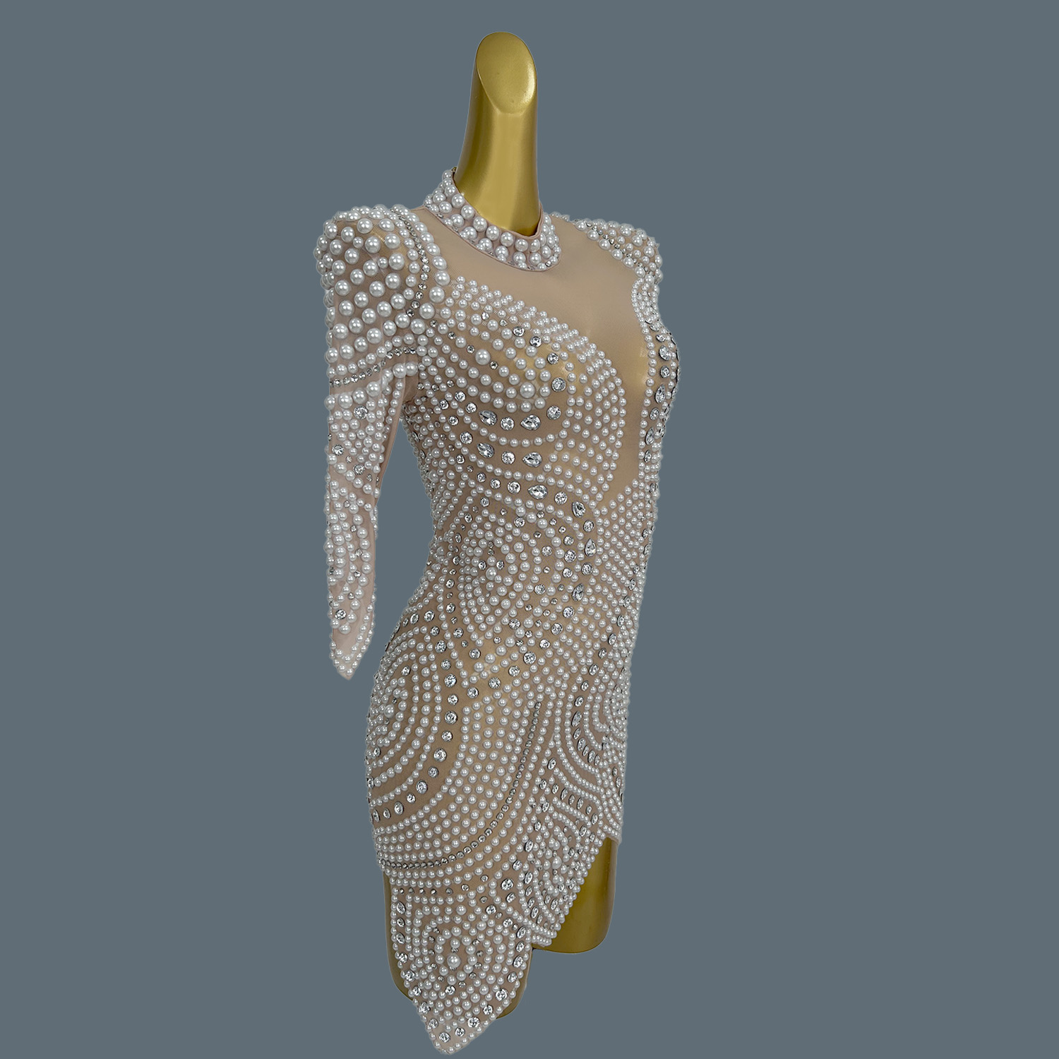 Gorgeous Full Pearls Crystals  - Sexy Mesh Sheer Bodycon Dress 评论和价格